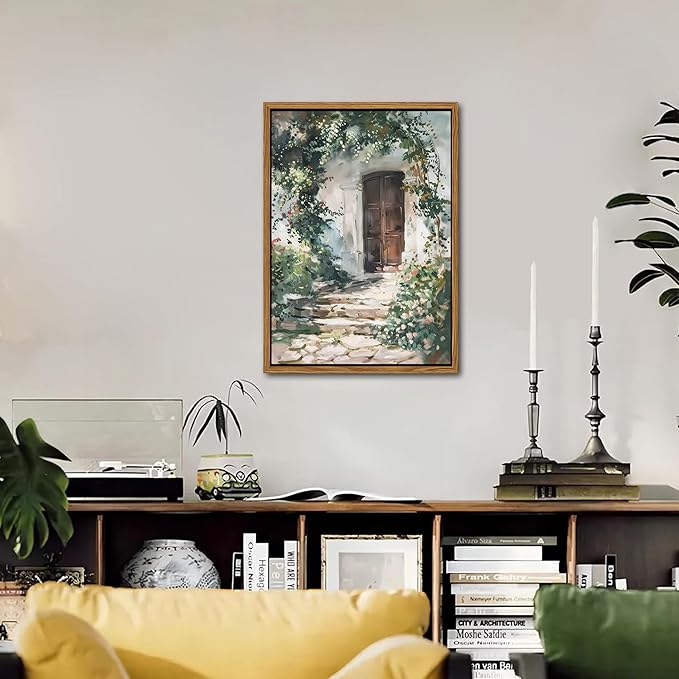 Floating Framed Canvas Vintage Wall Art, Rustic Cottage Spring Garden Oil Paintings Print, Country Floral Pictures Wall Decor for Living Room Bedroom Office Home Decor 12x16 inch