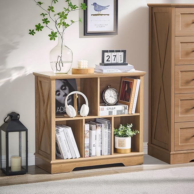 Farmhouse 5 Cube Bookshelf, Storage Organizer Bookcase, Kids Toy Storage Cabinet, Small Bookshelves Storage Organizer Shelf, Wood Display Cabinet Book Shelves for Bedroom,Living Room,Natural Oak