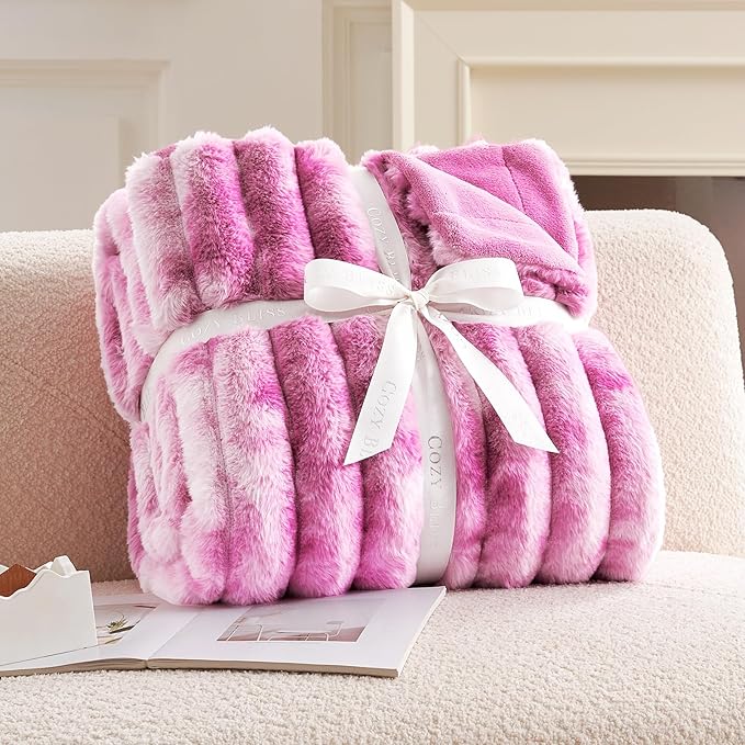 Cozy Bliss Faux Fur Throw Blanket for Couch, Cozy Warm Plush Striped Blanket for Sofa Bedroom Living Room,60 * 80 Inches Tie-dye Pink