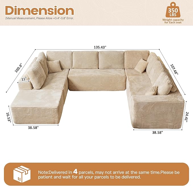 Cloud Sectional Couches for Living Room,U Shaped Modular Sofas No Assembly,135x100 Inches Plush Corduroy Oversized Floor Couch Set with Deep Seat Chaise,Beige
