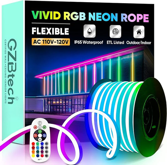 GZBtech RGB LED Neon Rope Lights 66FT/20M, AC 110-120V Waterproof Color Changing LED Rope with Remote Controller, Dimmable Multi Color Neon Rope Lighting for Indoor Outdoor Commercial Use