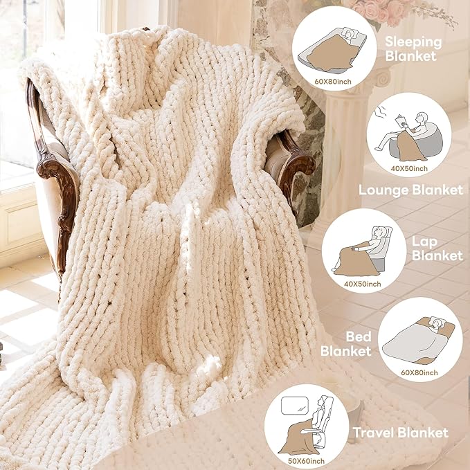 Chunky Knit Blanket - Luxury Soft Cozy 60 * 80 Throw Blanket,100% Woven Blanket Rope Knot Throw Blanket for Couch, Sofa, Home Decor, Gift - Machine Washable（Cream）