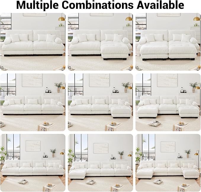 Loveseat Modular Sectional Sofa, L Shaped Couch with Ottoman, Cloud Couch Sectional Couch Home Sofa Living Room Oversized Couch Deep Seat Couch with Round Bolster Armrests 4 Pillows(White)