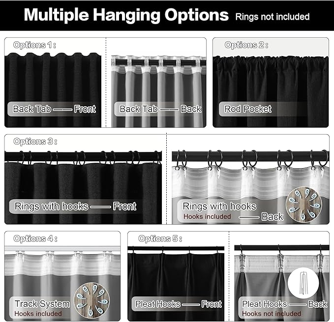 RAIN CITY Blackout Curtains 50 x 84 Inch Long Linen Blend Black Out Curtains 2 Panels Set Burg, Back Tab Rod Pocket Room Darkening Textured Curtain Window Drapes for Bedroom Living Room-Black