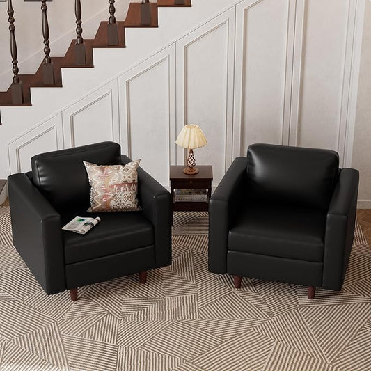 Faux Leather Oversized Accent Chair with Storage Deep Seat Single Sofa Large Reading Armchair for Living Room Bedroom Office Black Set of 2
