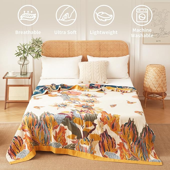 Floral Blanket Breathable Luxury Throw Rustic Quilt Lightweight Cotton Bedspread Multifunctional Blanket for Sofa Couch Chair (80"x90",02-Colorful Flowers)