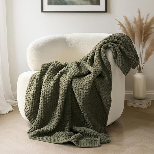 Chunky Chenille Knit Throw Blanket for Couch, Soft Luxurious Moss Stitch Blankets for Bed, Cozy Decorative Farmhouse Knitted Throws for Sofa, Olive Green, 60" x 80"
