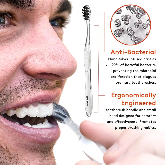 LINHART Extra Soft Toothbrush – Teeth Whitening Toothbrush with Multi Length Bristles, White with Black Bristles, 1 Pack