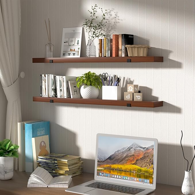 CONSDAN Floating Shelves for Wall Mounted Book Shelf Hanging Shelves Floating Bookshelf for Bedroom, Bathroom, Living Room, Kitchen USA Grown Solid Hardwood, Dark Maple 16x7.5x1.5 in (Set of 3)