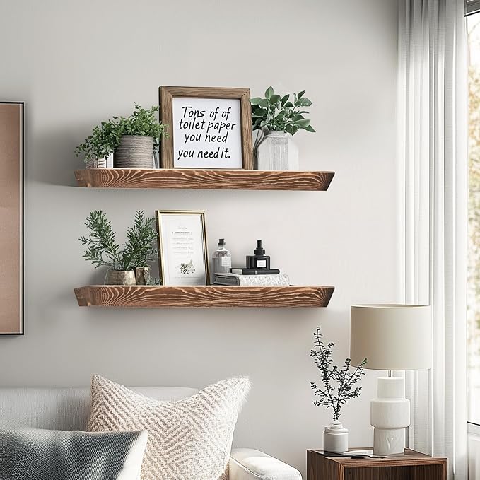 24"x6.8"x1.6" Slanted Floating Wall Shelves 2-Pack - Rustic Brown Finish, Heavy-Duty Solid Wood Design with Hidden Brackets - Perfect for Living Room, Kitchen, Bathroom, or Office