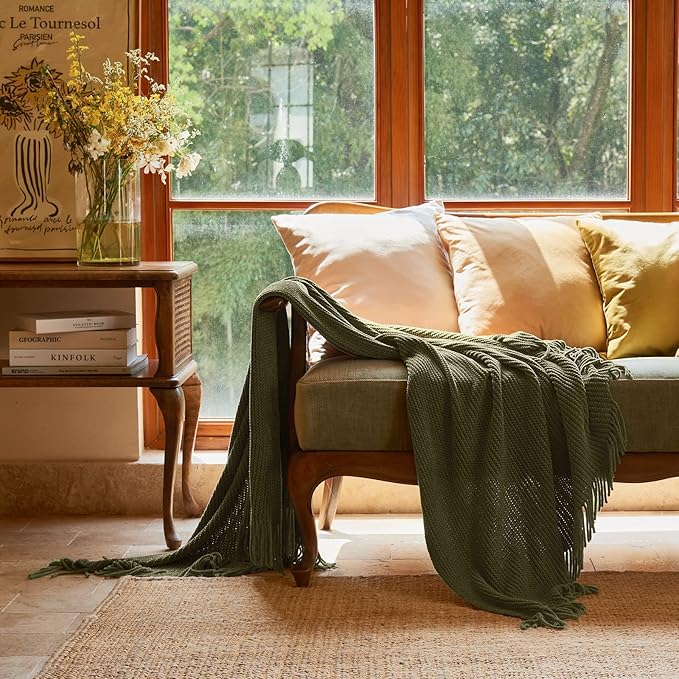 lifein Throw Blanket for Couch, Soft Green Boho Decor Bed Throw,Cozy Knitted Chenille Farmhouse Lightweight Throw for Spring(Olive Green,50 * 60")