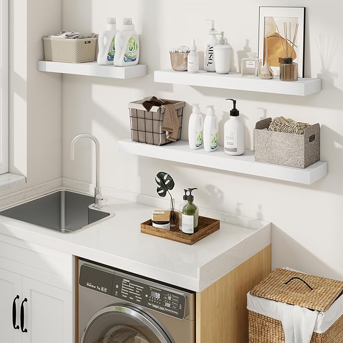 fuqing Floating Shelves for Wall, Bathroom Shelf Wall Mounted for Storage, Shelves with Invisible Bracket for Bedroom, Kitchen, Living Room, Farmhouse Small Book Shelf, 55 Inch Set of 2, White