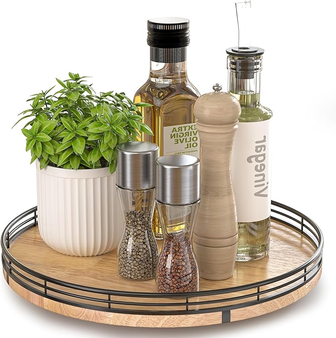12" Lazy Susan Oak Wood Turntable Organizer for Cabinet, Farmhouse Round Wooden Lazy Susan Organization and Storage for Dining Table, Pantry, Kitchen, Bathroom, Countertop, Cupboard, Home Decor