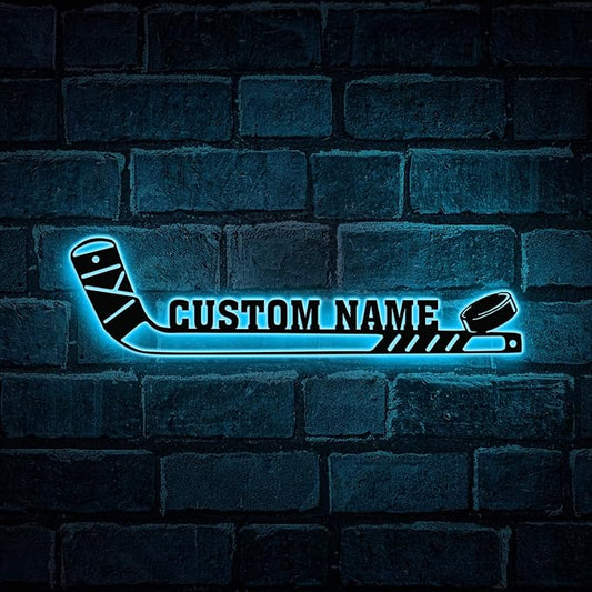 Custom Hockey Stick LED Sign – Personalized Name Light Up Hockey Sign, Neon Wall Light with Puck, Hockey Wall Decor for Boys Room, Man Cave, Players