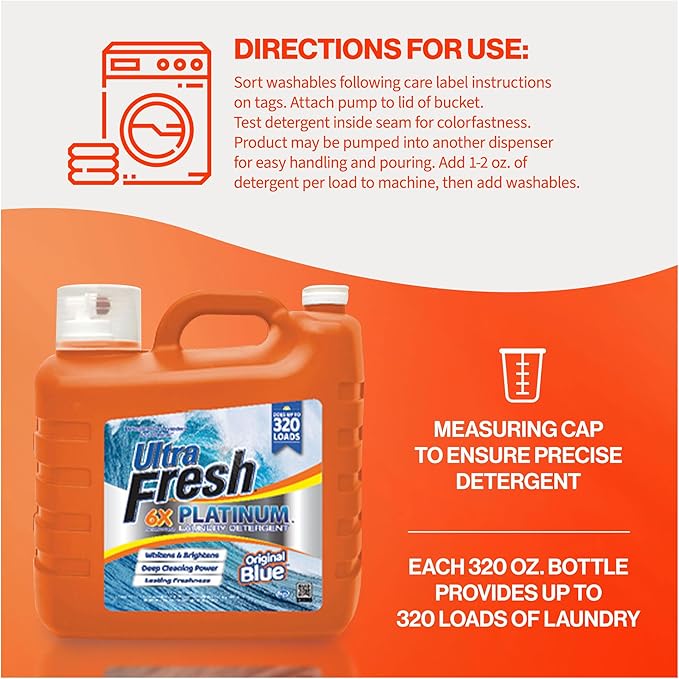 Ultra Fresh 2 x 2.5 Gallon Liquid Laundry Detergent Washing Soap for All Machine Types, 6X Platinum, Up to 640 Loads, Original Blue