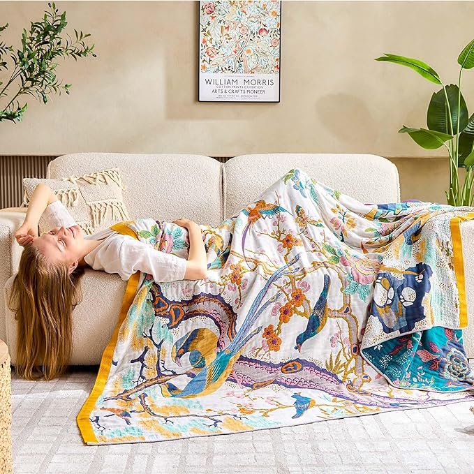 Fall Throw Blanket for Couch, Yellow Boho Decorative Throw Blanket, 100% Cotton Muslin Breathable Woven Farmhouse Blankets Quilt, 60"x80" Reversible Lightweight Blankets Bohemian Throw Quilt