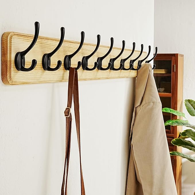Dseap Coat Rack Wall: 38-1/4" Long, Patented, Heavy-Duty, 10-Double-Hooks Wooden Wall Mounted Coat Rack Coat Hanger Hook Rail for Winter Coats Hat Jacket Clothing, Light Brown