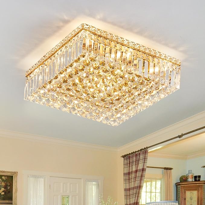 12-Lights Gold Crystal Flush Mount Ceiling Light Fixtures,Elegant Crystal Chandelier Pendant Ceiling Lamp for Bedroom,Living Room,Dining Room,Hallway H5.9 x W20 x L20 (Bulb Not Included) Square