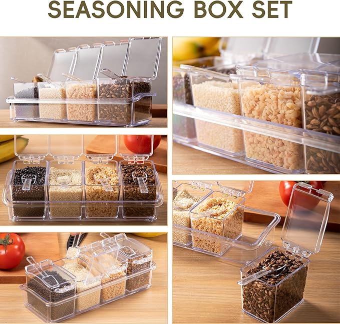 Clear Seasoning Box, 4 Pieces Seasoning Rack Spice Pots, Storage Container Condiment Jars Acrylic Seasoning Box with Covers and Spoons for Spice, Sugar, Salt, Sugar, Cardamon, Cinnamon
