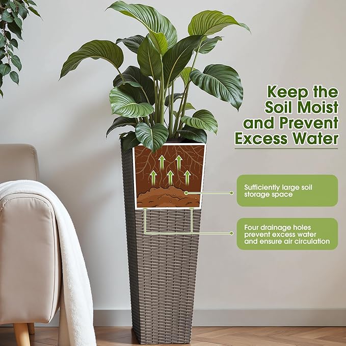 Devoko Resin Tall Planters for Outdoor Plants Set of 2, Large Taper Outdoor Planter Pots with 4 Drainage Holes, Flower Pots Modern Decor for Porch, Patio, Backyard, Home Garden (Brown, 32")