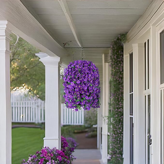 Artificial Faux Hanging Flowers Plants Basket for Outdoor Outside Porch Decoration, UV Resistant Fake Silk Purple Morning Glory Trailing Vines Realistic for Summer Home Balcony Yard Patio