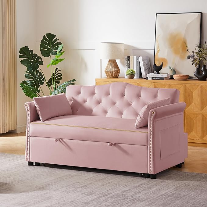 57" Velvet Pull-Out Sofa Bed, 3-in-1 Convertible Loveseat with Gold Trim Strips and Adjustable Backrest, Perfect for Living Rooms, Offices and Apartments (Pink)