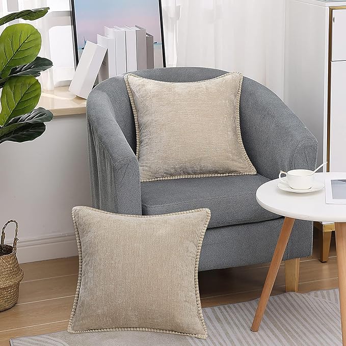 decorUhome Chenille Soft Throw Pillow Covers 24x24 Set of 2, Farmhouse Velvet Neutral Decorative Euro Pillow Covers with Stitched Edge for Couch Sofa Bed Home Decor, Beige