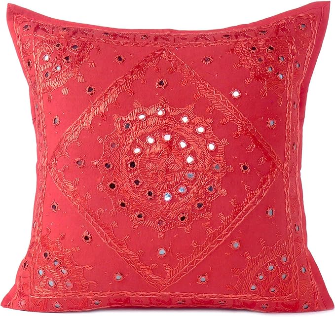 Eyes of India Embroidered Decorative Boho Throw Pillow Cover with Mirrors, Handmade Bohemian Accent Cushion Case for Sofa Couch Bedroom Living Room (Red, 16" x 16")