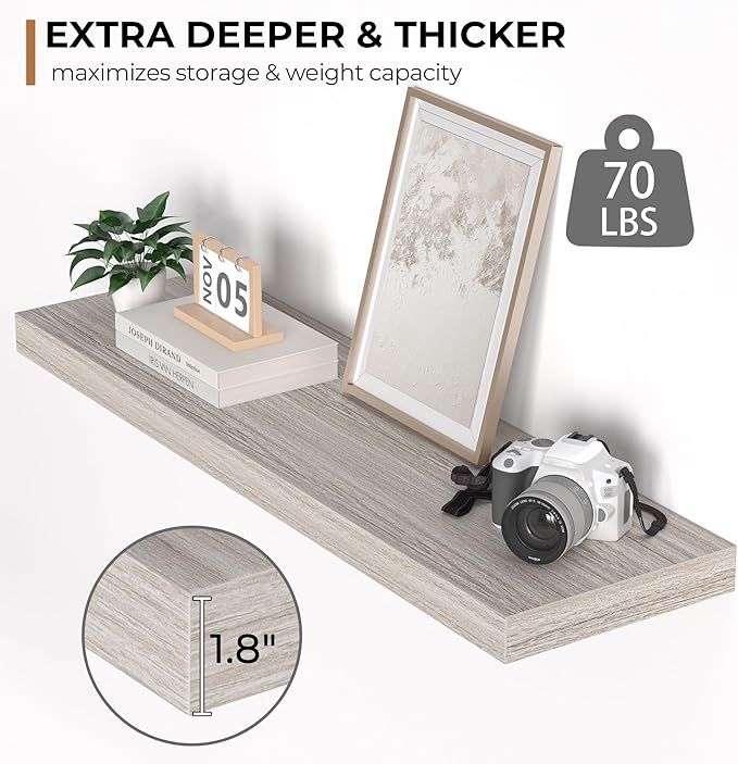 Floating Shelves - 10.3 Inch Deep Wall Shelf for Decor & Storage - Wall Mounted Display Shelving with Invisible Heavy-Duty Metal Bracket - 36" W x 10.3" D x 1.8" H - Set of 1 - Rustic Grey