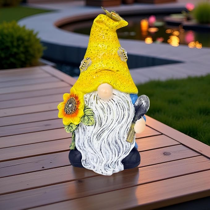 Garden Gnomes Outdoor Decor Solar Gnomes Statues with Butterfly Bee Sunflower Led Lighted Dwarf Outside Decorations for Yard Patio Lawn Ornaments Gifts for Women Mom