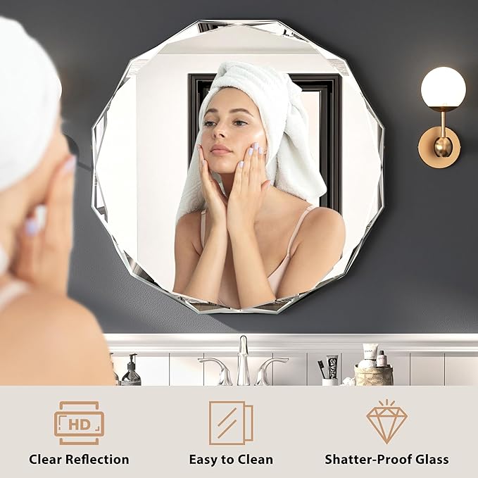 Bathroom Mirrors for Over Sink, Round Frameless Mirrors for Wall, 20x20 Inch Beveled Bathroom Mirror, Bathroom Vanity Circle Mirror for Bedroom Living Room Entryway Home Decor