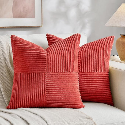 Fancy Homi 2 Packs Red Decorative Throw Pillow Covers 22x22 Inch for Living Room Couch Bed Sofa, Holiday Christmas Home Decor Gift, Soft Corss Corduroy Patchwork Accent Square Cushion Case 55x55 cm