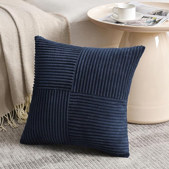 Fancy Homi 2 Packs Navy Blue Decorative Throw Pillow Covers 16x16 Inch for Living Room Couch Bed, Rustic Farmhouse Boho Home Decor, Soft Corss Patchwork Corduroy Textured Square Cushion Case 40x40 cm