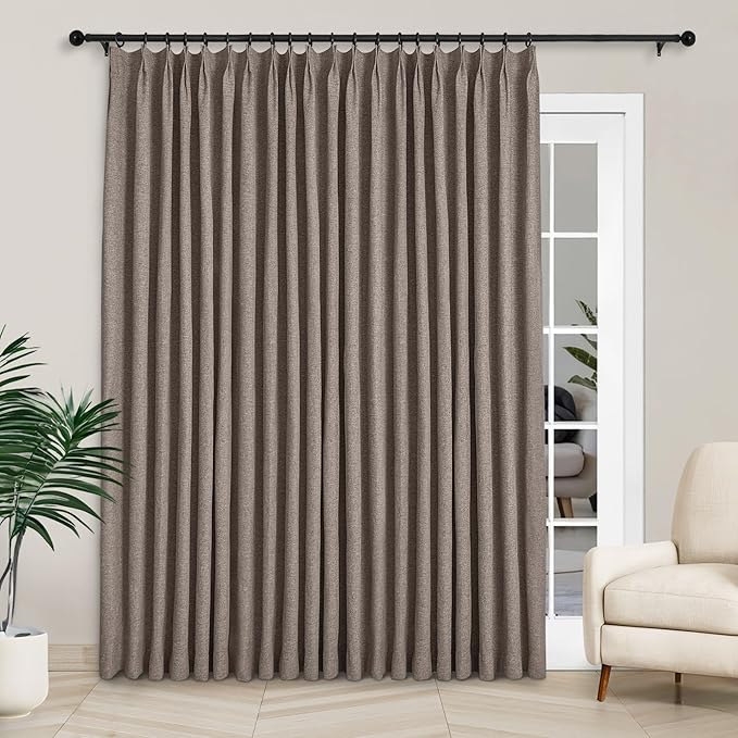 Macochico Extra Wide 100% Blackout Linen Curtains for Sliding Door Pleated Curtains with Hooks Insulated Soft Linen Drapes for Bedroom Living Room with Tieback Light Coffee 100”Wx84”L 1 Panel