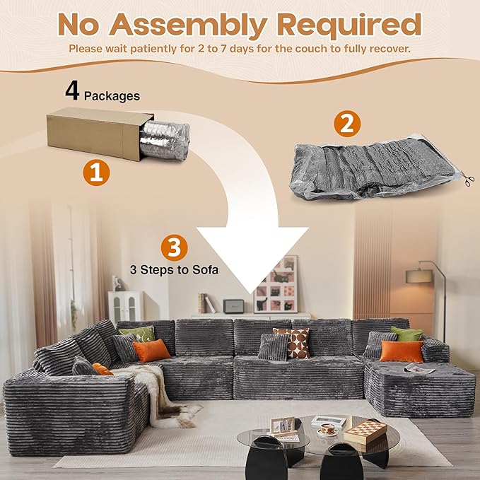 Cloud Sectional Couches for Living Room,U Shaped Modular Sofas No Assembly,165x107 Inches Plush Corduroy Oversized Floor Couch Set with Deep Seat Chaise,Grey