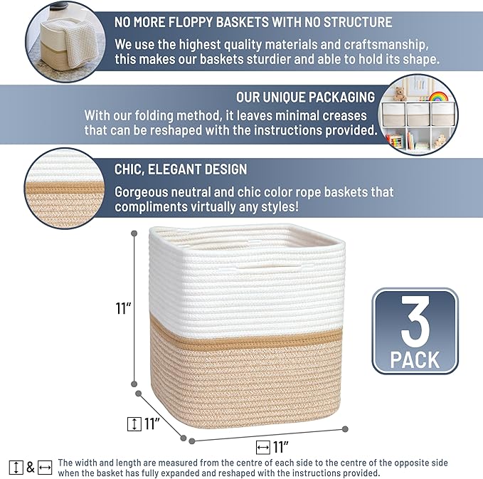 NaturalCozy Storage Cubes 11 Inch Cotton Rope Woven Baskets for Organizing, 3-Pack | Cube Storage Bin | Square Storage Baskets for Shelves Organizer, Classroom, Kids Toy Bins, Closet, Baby Nursery