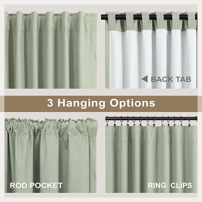 Green Country Kitchen Curtains 45 Inch Length Short Small Basement Window Blackout Cooling Curtains for Summer Heat Linen Cafe Bathroom Classroom Dorm RV Camper Sage Green Drapes with White Backing