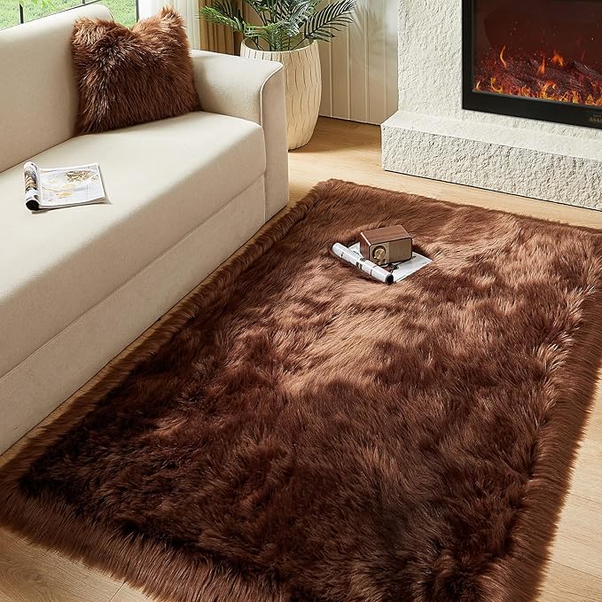 AMTOVO Faux Fur Sheepskin Rug for Living Room, 4 x 6 ft Coffee Fluffy Area Rug for Bedroom, Playroom, Luxury Room Decor, Rectangle