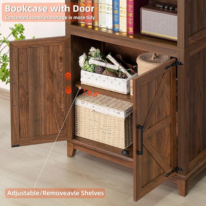 70in Tall Bookshelf 5 Tier Bookcase with Barn Doors and Adjustable Shelves, Brown Farmhouse Book Shelf with Storage Cabinet, Wood Freestanding Display Bookshelves for Bedroom, Kitchen (3PCS)