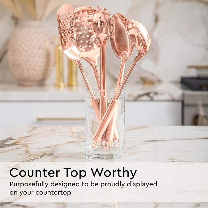 Copper Cooking Utensils Set – 5-Piece Rose Gold Stainless Steel Kitchen Tools for Cooking and Serving Includes Ladle, Spoon, Pasta Fork, Spatula, and Skimmer – Stylish Copper Kitchen Accessories