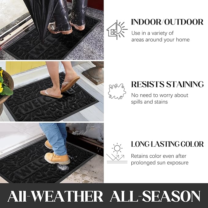 Yimobra Welcome Mat Outdoor, 29.5x17 Waterproof Door Mat Outside Entrance, All-Weather Non Slip Front Door Mat, Low-Profile Entryway Mat Indoor, Porch and Patio, Black