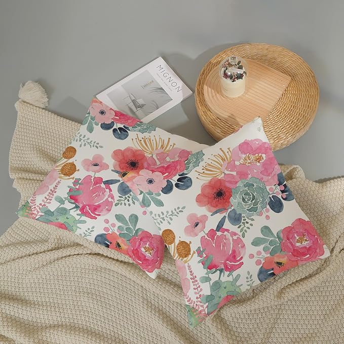 CXMEIFLY Spring Floral Pillow Covers 18 x 18 Inch Set of 2 for Watercolor Pink Flowers Decor Throw Pillows Green Leaves Plant Outdoor Decorative Cushion Cases with Zipper for Couch Bed Decorations