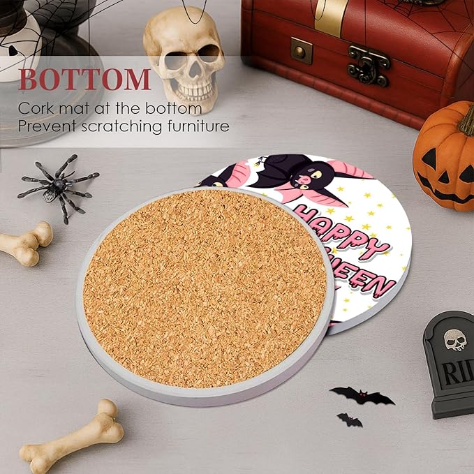 Coaster for Drinks Set of 6, Happy Halloween Cute Ghost Groovy Pink Absorbent Round Ceramic Stone Mat, with Cork Base and Metal Holder, Gift for Housewarming Room Bar Decor