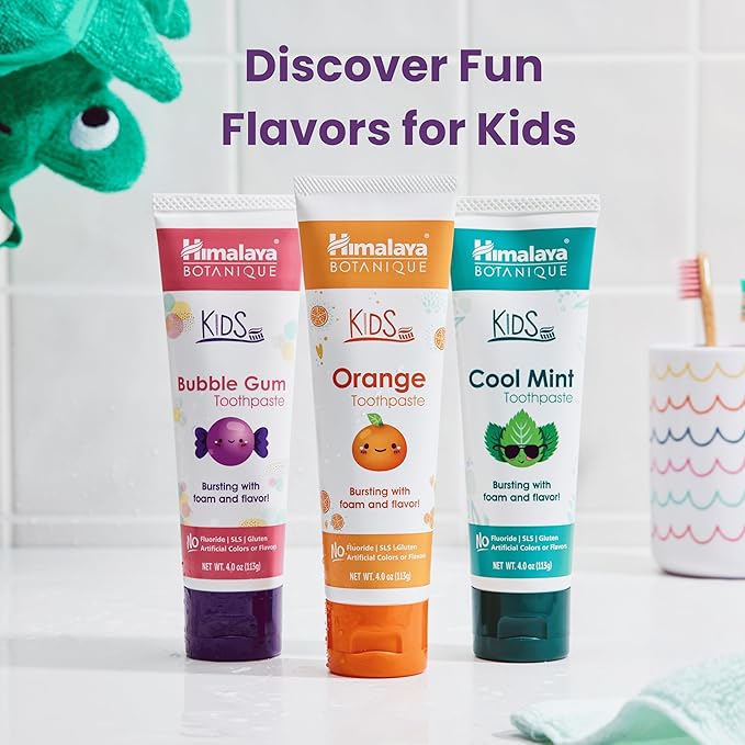 Himalaya Botanique Kids Toothpaste with Xylitol, Bubble Gum Flavor - Gentle Fluoride Free Toothpaste - Vegan, Gluten Free, SLS Free, No Artificial Flavors or Colors, 4 oz