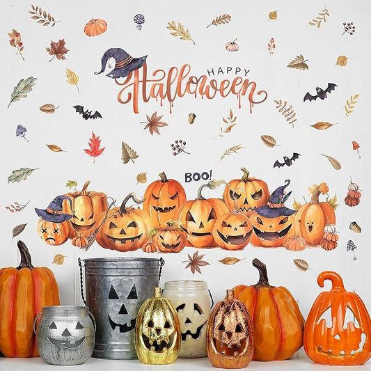 clothmile 38.18 x 36.15 Inch Halloween Wall Decals Halloween Pumpkins Bat Leaves Wall Stickers Removable Halloween Peel and Stick Sticker for Halloween Party Supplies Home Window Decor