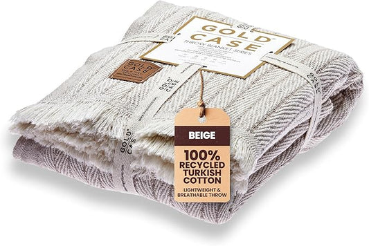 Gold Case Throw Blanket for Couch – 100% Recycled Turkish Cotton Blankets & Throws – Elegant Decorative Throw Blankets for Living Room Sofa – Woven Throws for Couch – Vintage Beige – 50x60