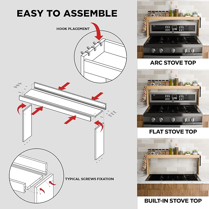 Edgecrest Bamboo Over The Stove or Sink Modern Spice Shelf, No Annoying Middle Screw, 31.5” Wide Storage, 11.4” High Countertop Shelf, 6 Side Hooks, Easy to Assemble, Eco-Friendly Durable Material