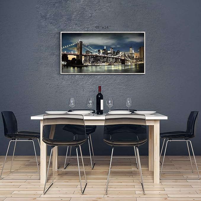 Framed Brooklyn Bridge Wall Art: Large Size New York Cityscape Skylines Night Scene Modern Picture Artwork for Home Office Decoration (48” X 24”)