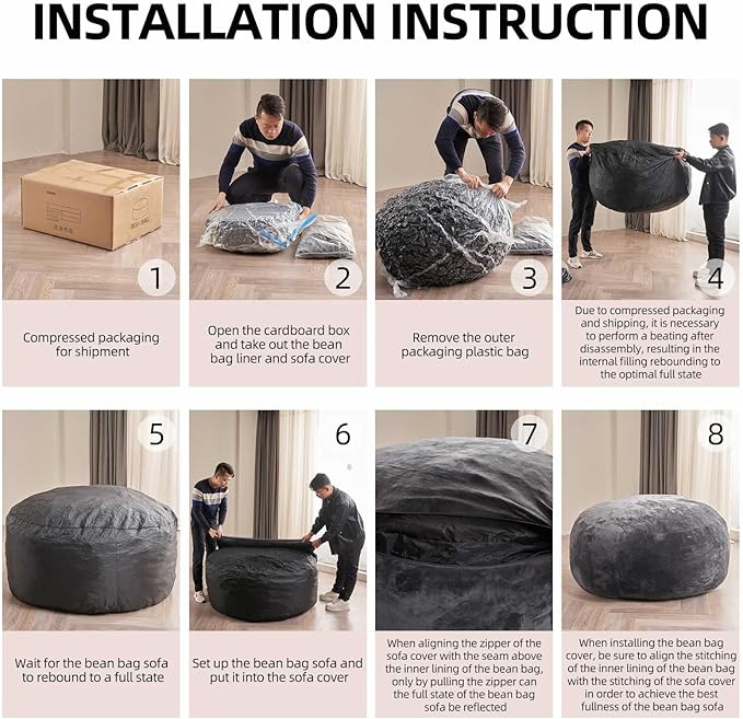 Bean Bag Chair 5Ft, Memory Foam Filled, Large Beanbag Chairs for Adults and Teens, Soft Sofa with Removable Flannel Cover, Round Couch for Living Room Bedroom College Dorm (Dark Gray, 5FT-60×60"×24")