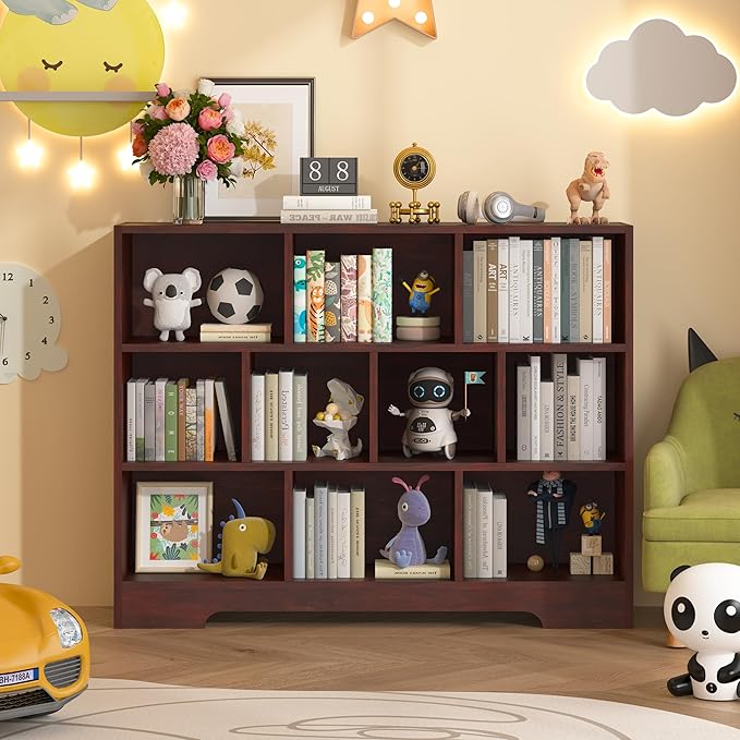 Book Shelf, 10 Cubes Storage Organizer, 3-Tier Open Shelf Wooden Bookcase, Freestanding Cherry Bookshelf Cube Shelf for Living Room